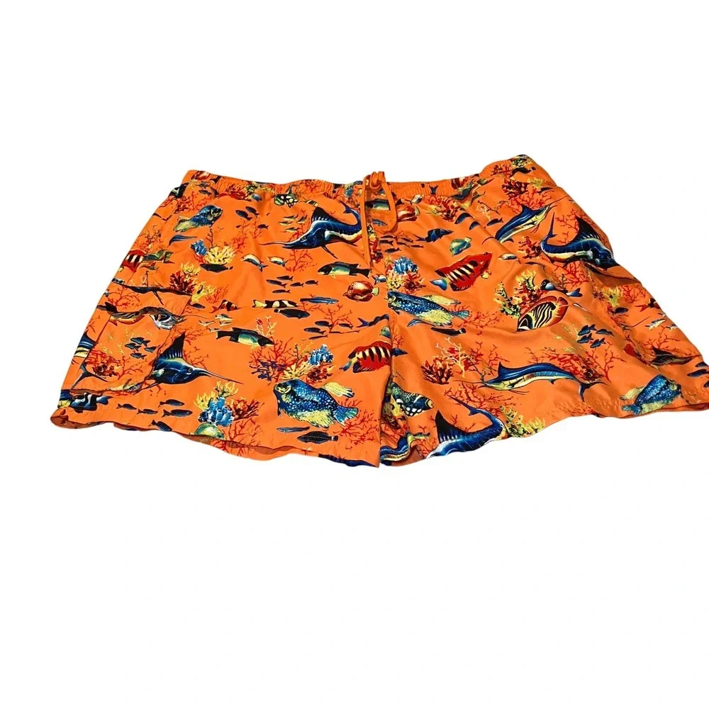 Island Shores Mens 5XL Swim Trunks Orange Tropical Fish Coral Cargo Pockets